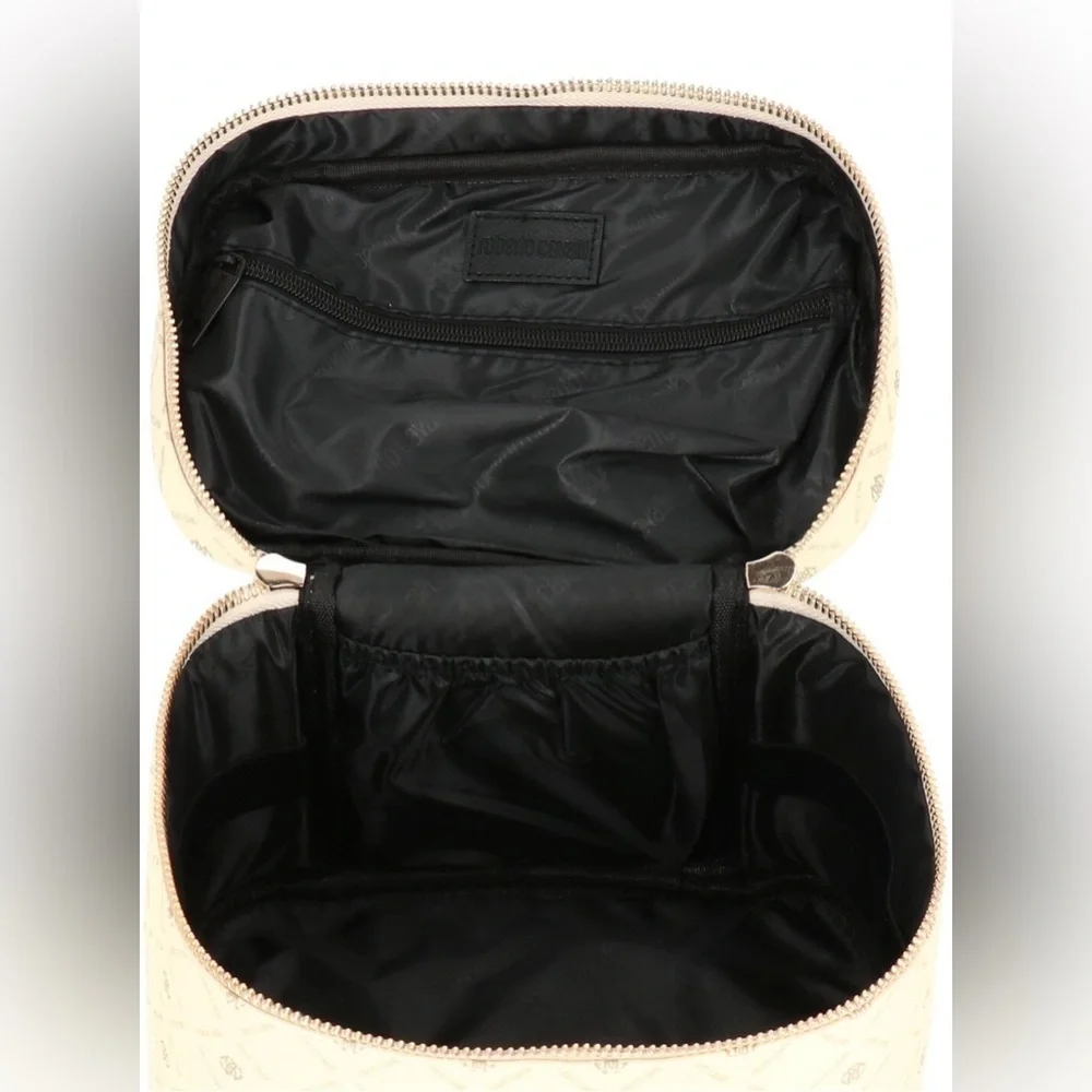 NEW Roberto Cavalli Monogram Cream Cosmetic Toiletry Bag Train Case